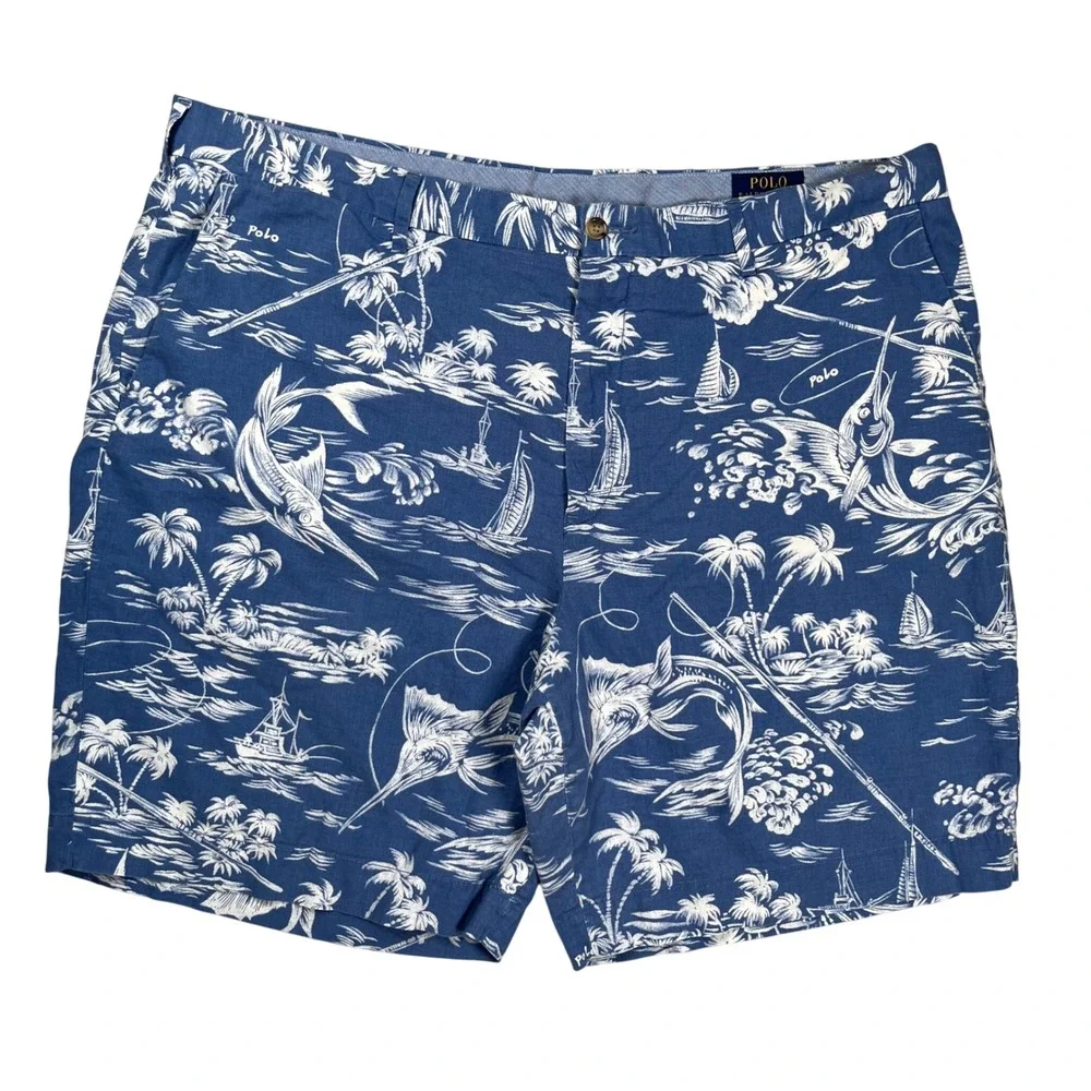 Polo Ralph Lauren Shorts Men 42 Blue Marlin Sailboat Nautical Linen Blend Preppy